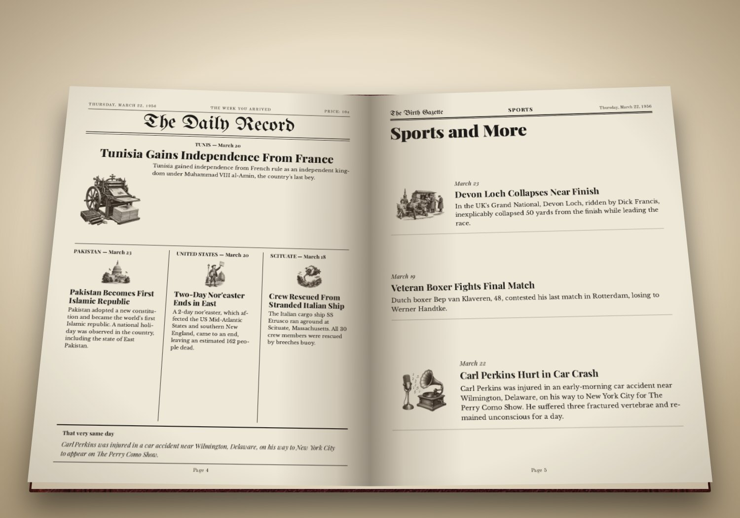 Open book showing a newspaper page and a sports page
