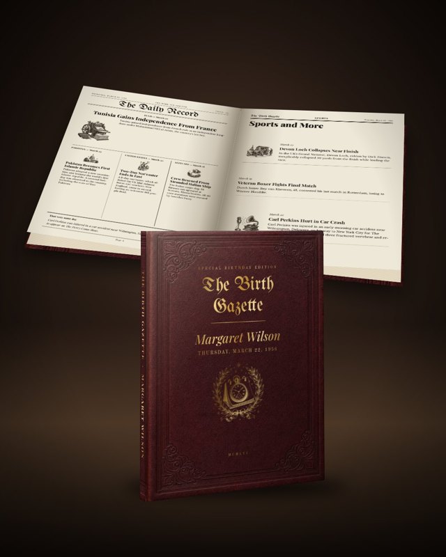 The hardcover book, open, with the front page inside and their name on the cover